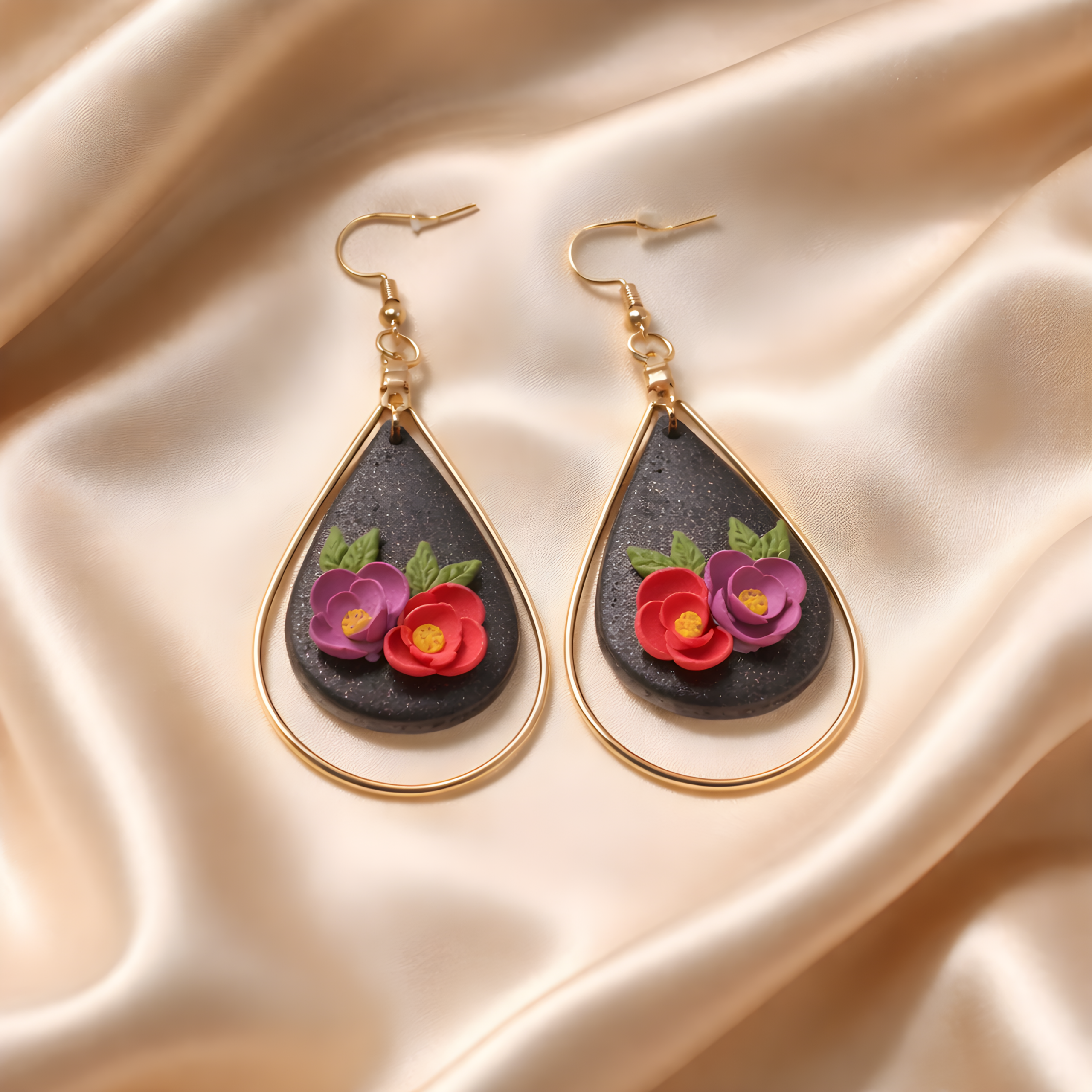 Handmade floral earrings with purple and red flowers on a dark background