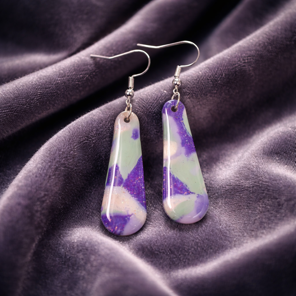 Handmade marbled drop earrings in purple and green hues