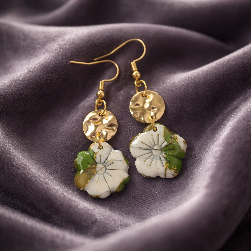Green marbled flower earrings with gold disk accents