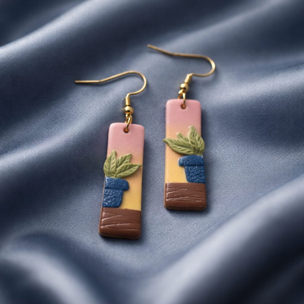 Handmade polymer clay earrings featuring a plant in a blue pot against a sunset background