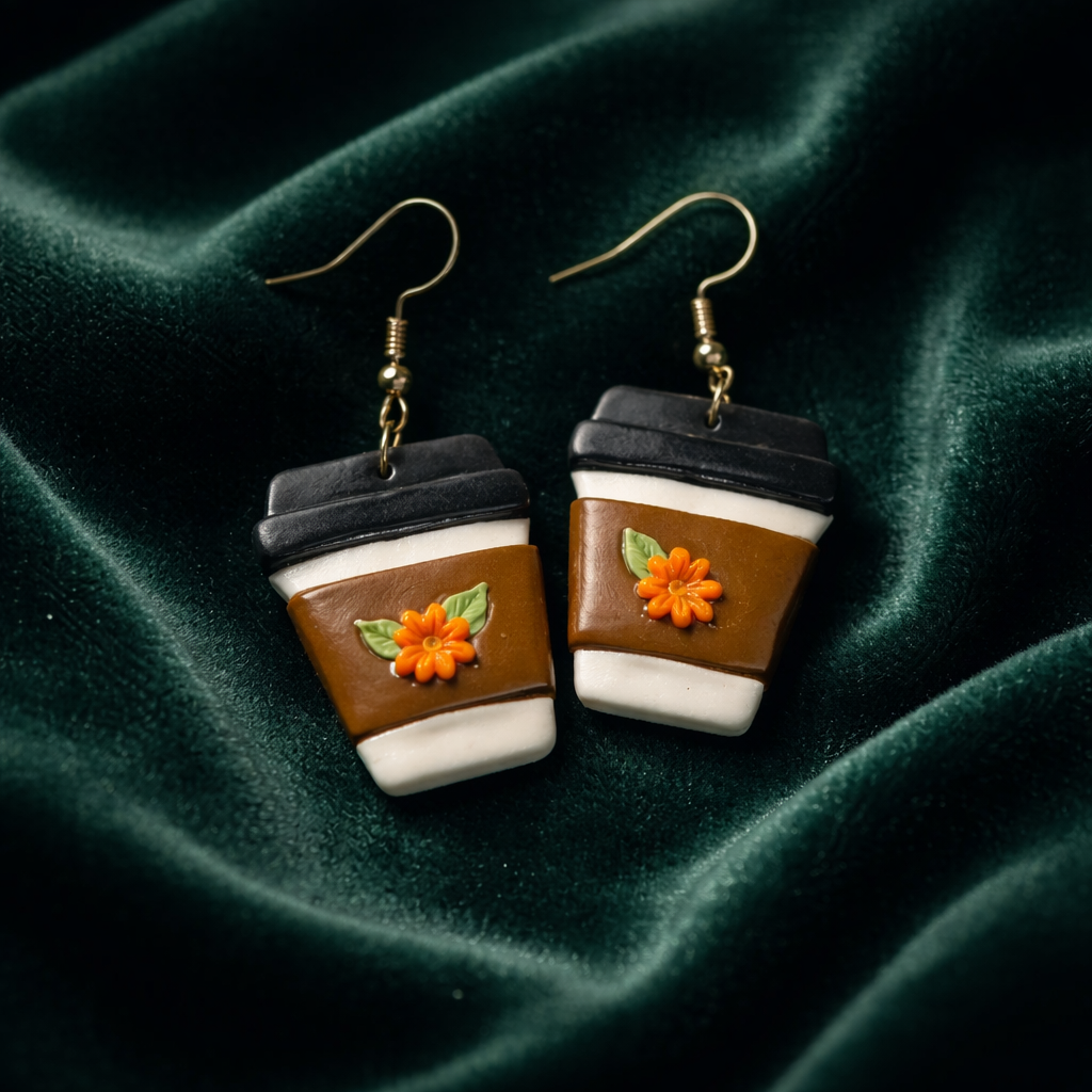 Handmade polymer clay earrings shaped like coffee cups with flowers