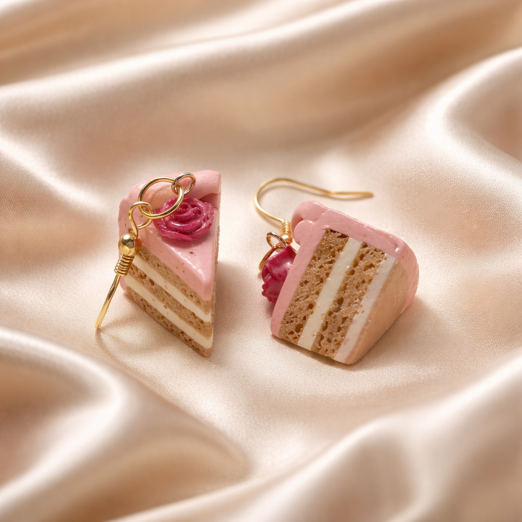 Handmade polymer clay earrings shaped like pink cake slices