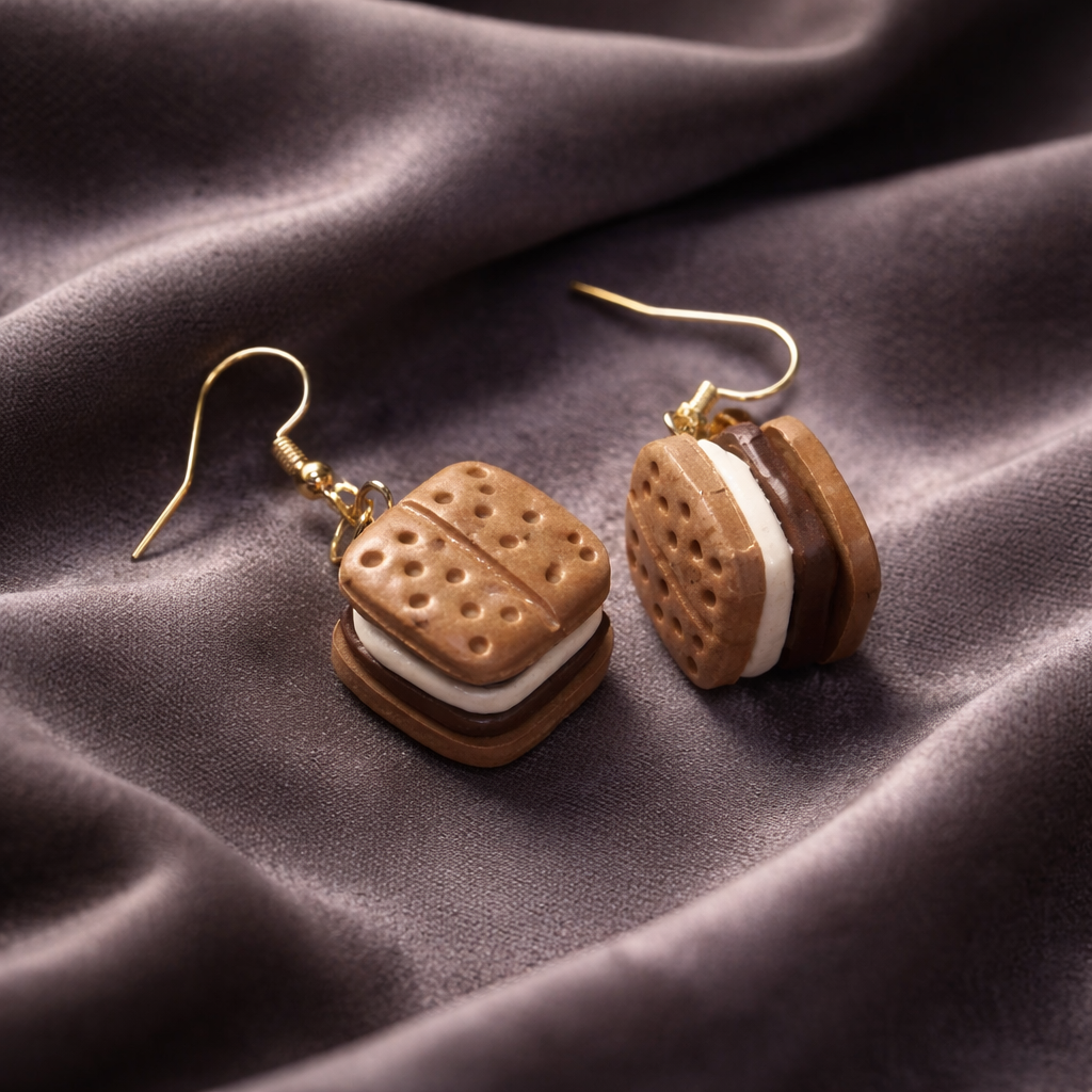 Handmade polymer clay earrings shaped like s'mores.