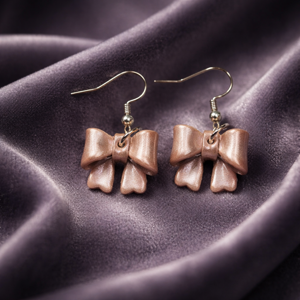 Handmade polymer clay earrings shaped like bows in warm tones