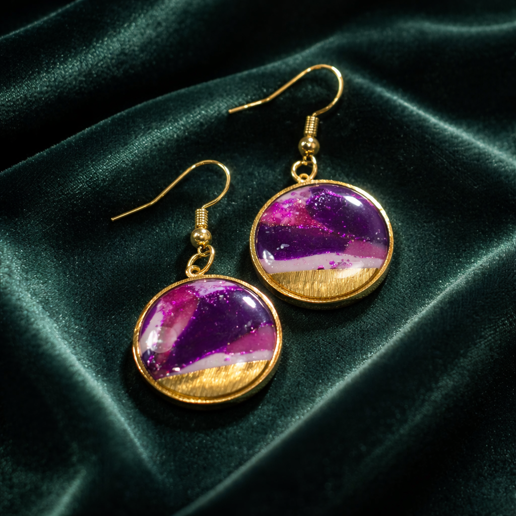Dangling earrings with purple marble patterns and golden accents