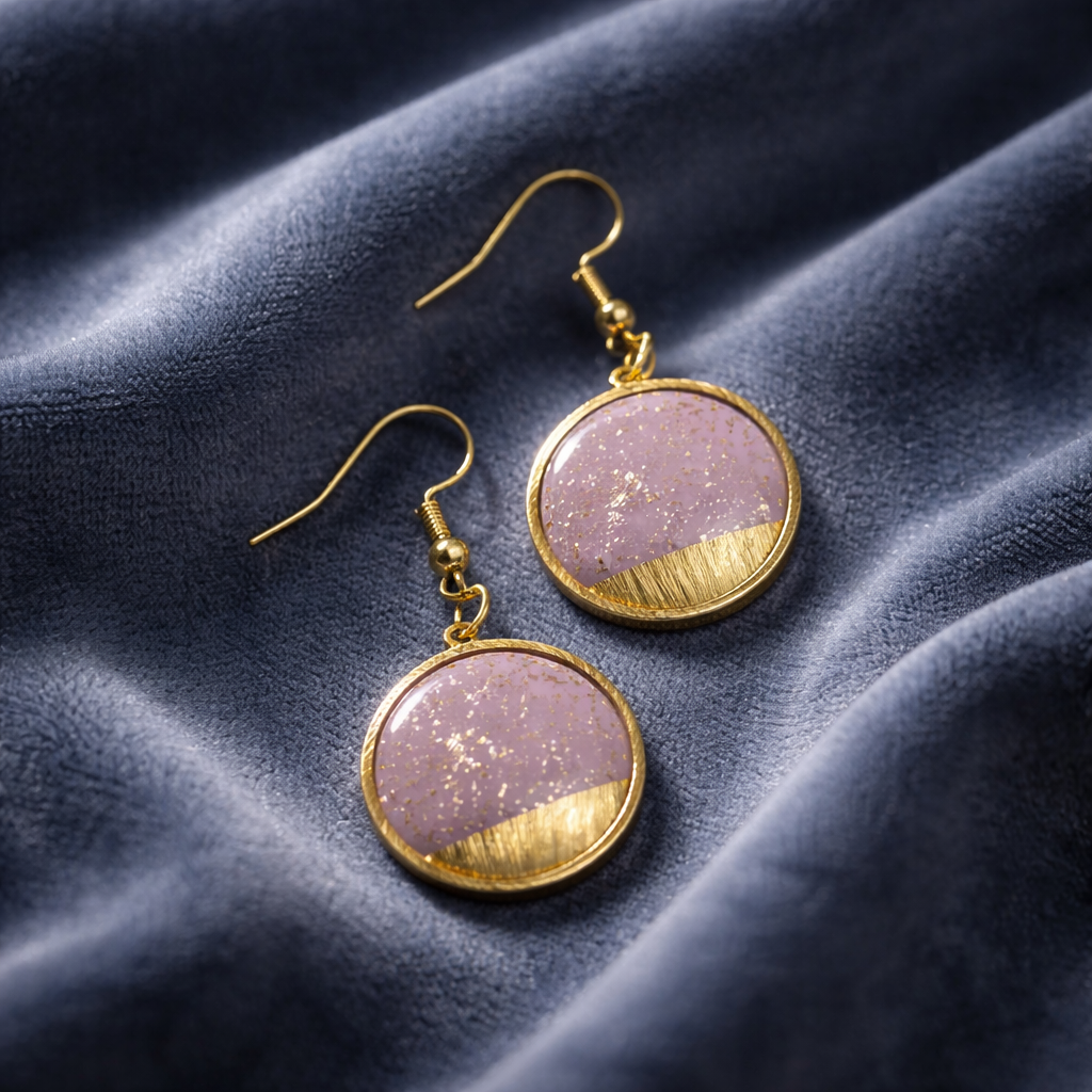 Light purple circular earrings with gold flakes and a gold rim