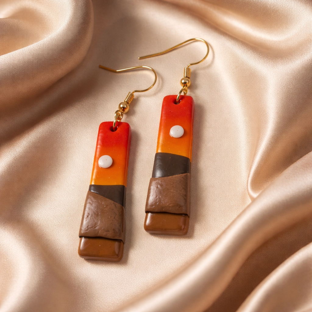 Colorful sunset earrings with red, orange, and brown hues