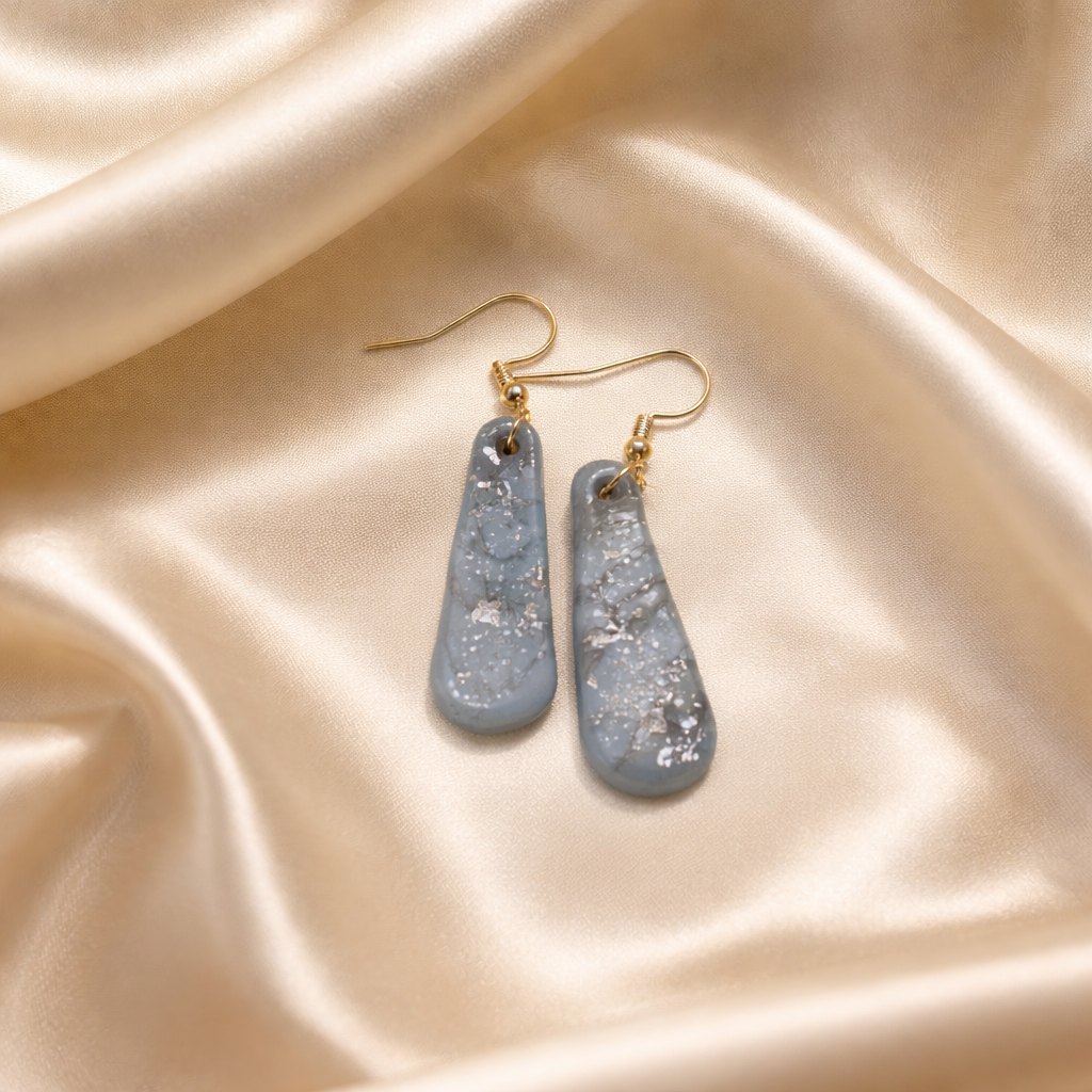 Handmade blue and gray polymer clay dangling earrings with shimmer
