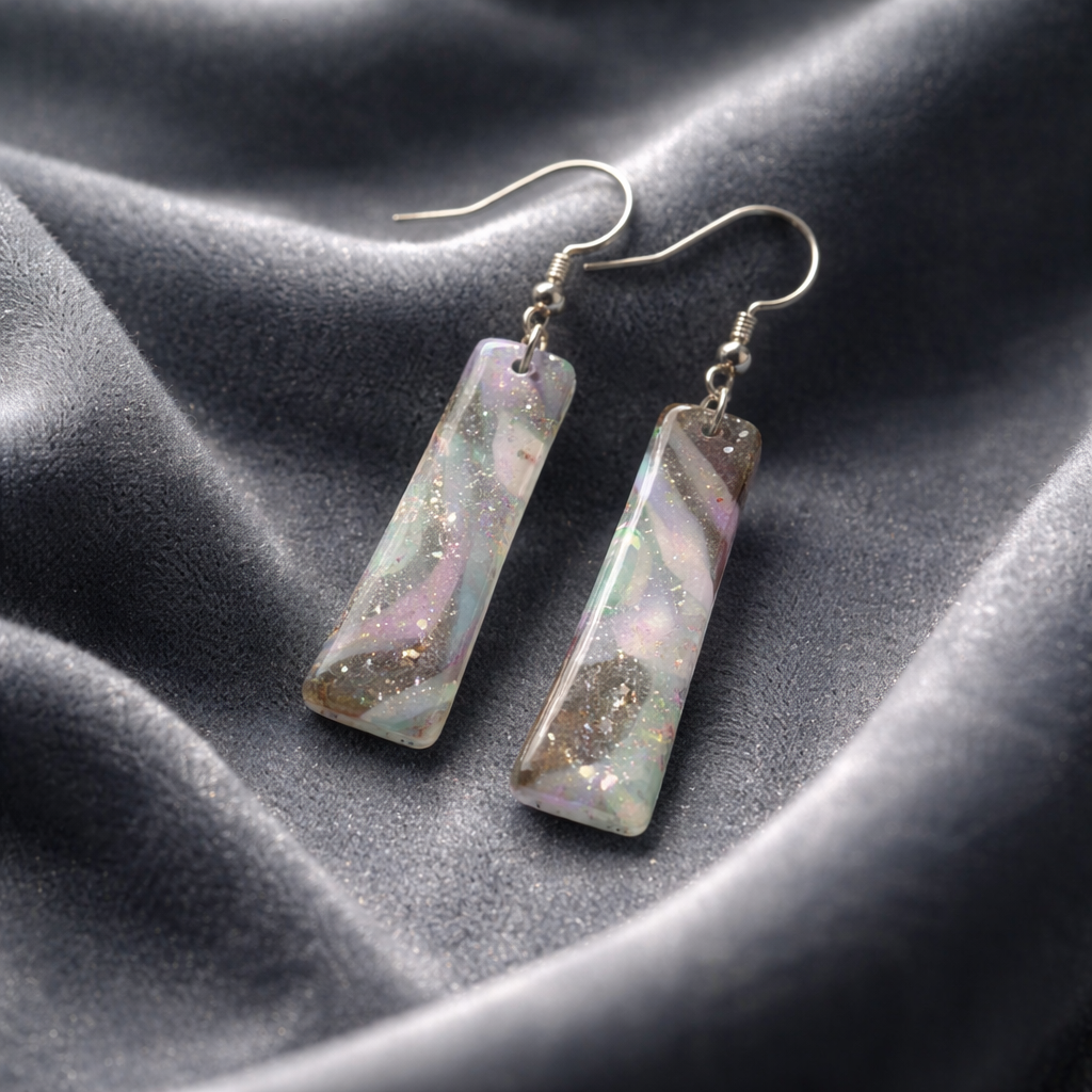 Shimmering pastel colored dangling earrings with sparkles