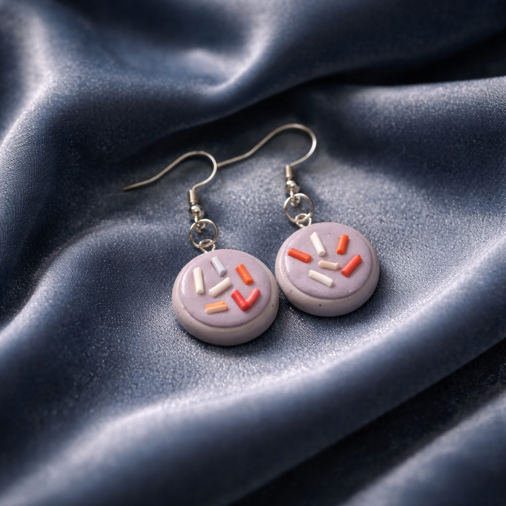 Handmade purple cookie earrings with colorful sprinkles on satin fabric