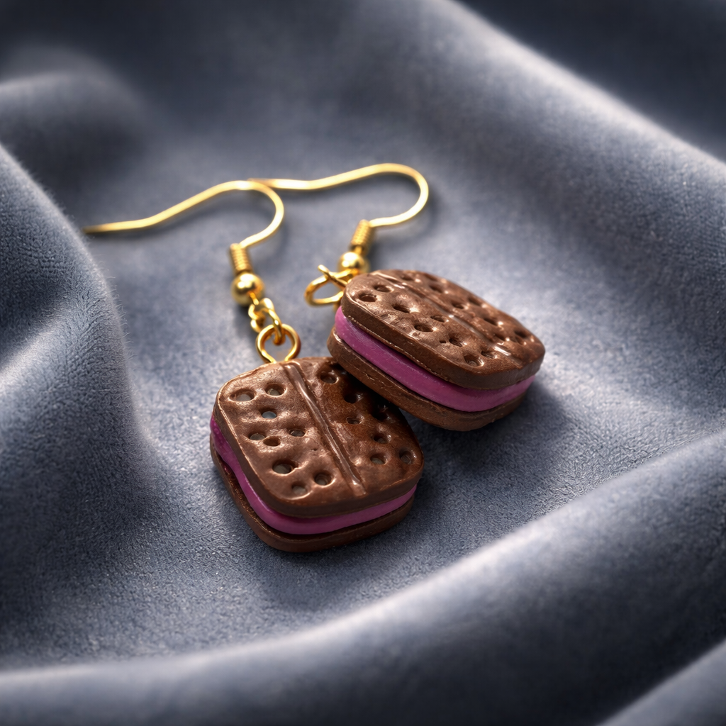 Dangling ice cream sandwich earrings with brown cookies and purple filling
