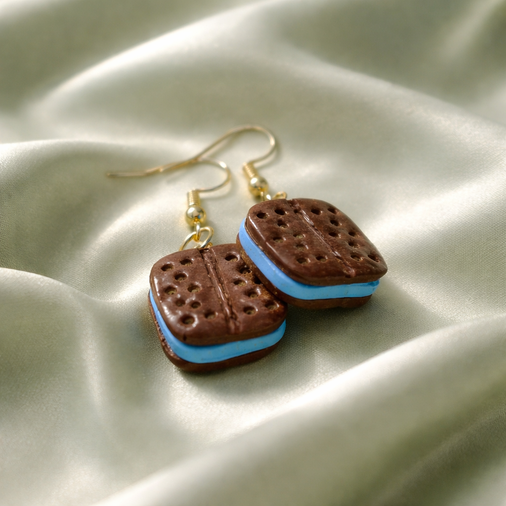 Brown ice cream sandwich earrings with bright blue center on gold hooks