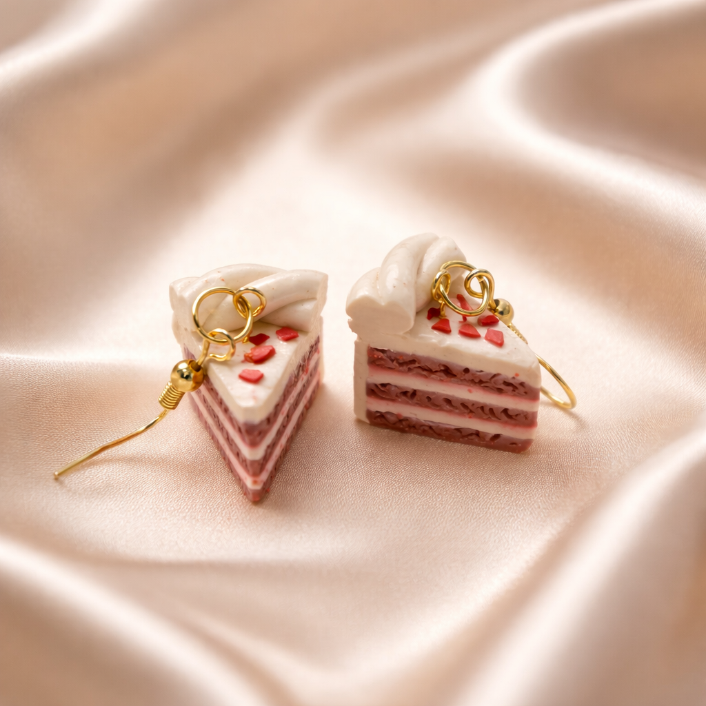 Two red velvet cake slice earrings with white frosting and red heart sprinkles