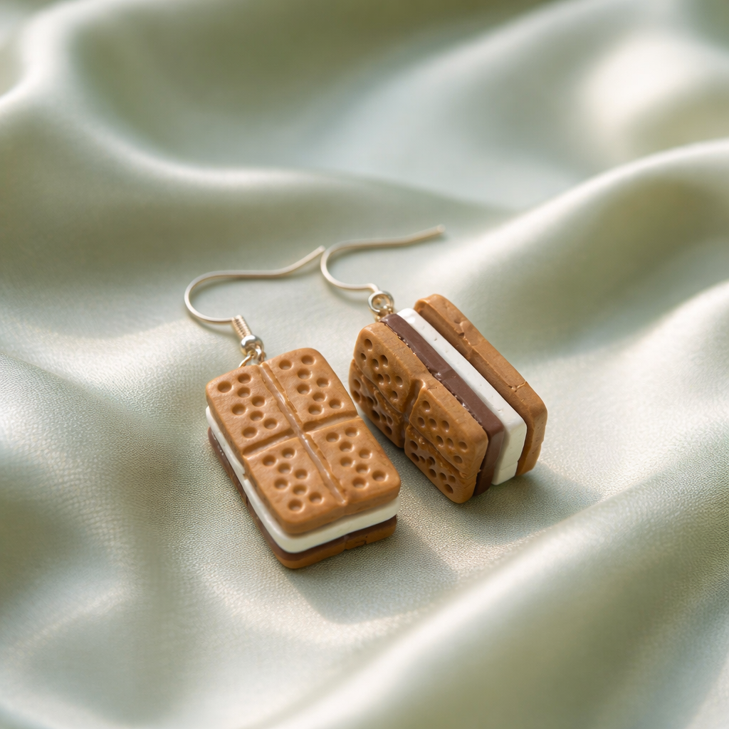 S’more sandwich dangle earrings with tan cookie and white brown layers