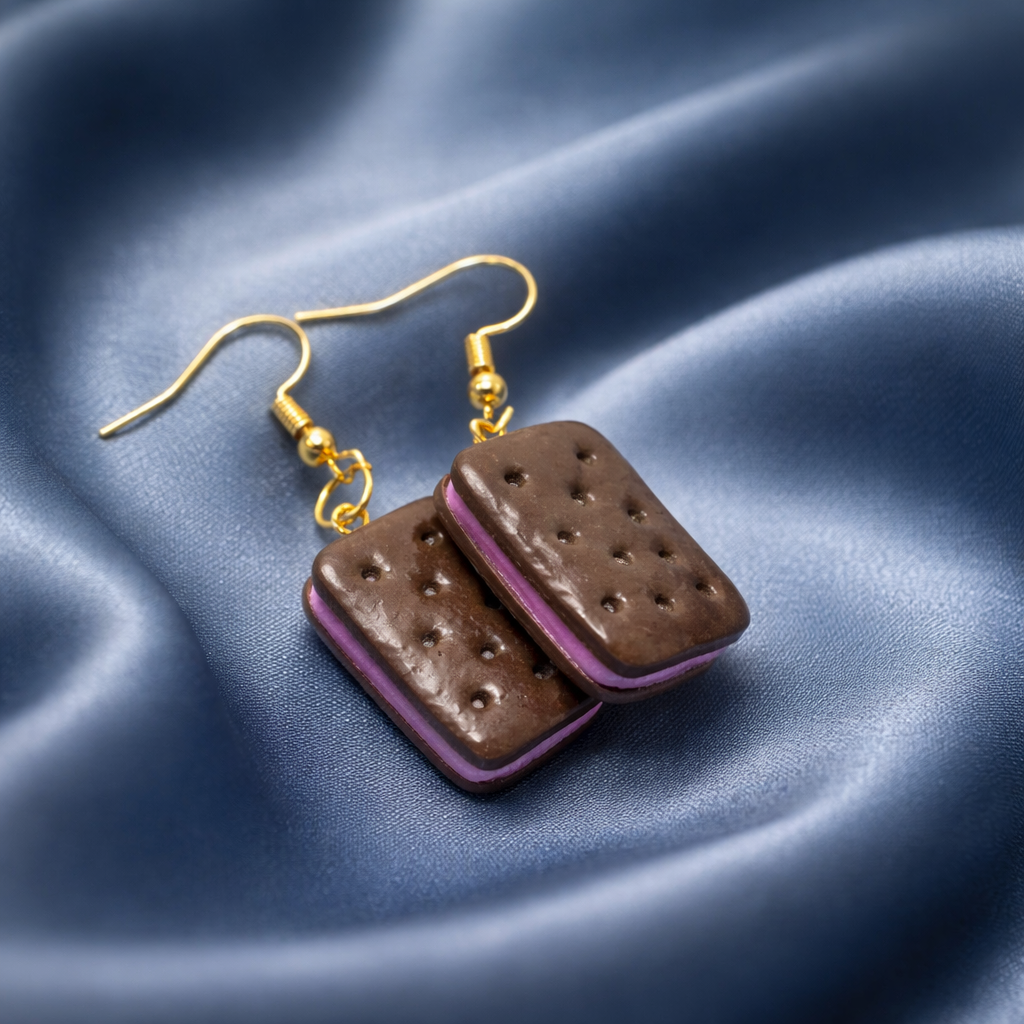 Dangling earrings shaped like purple ice cream sandwiches with brown cookie layers