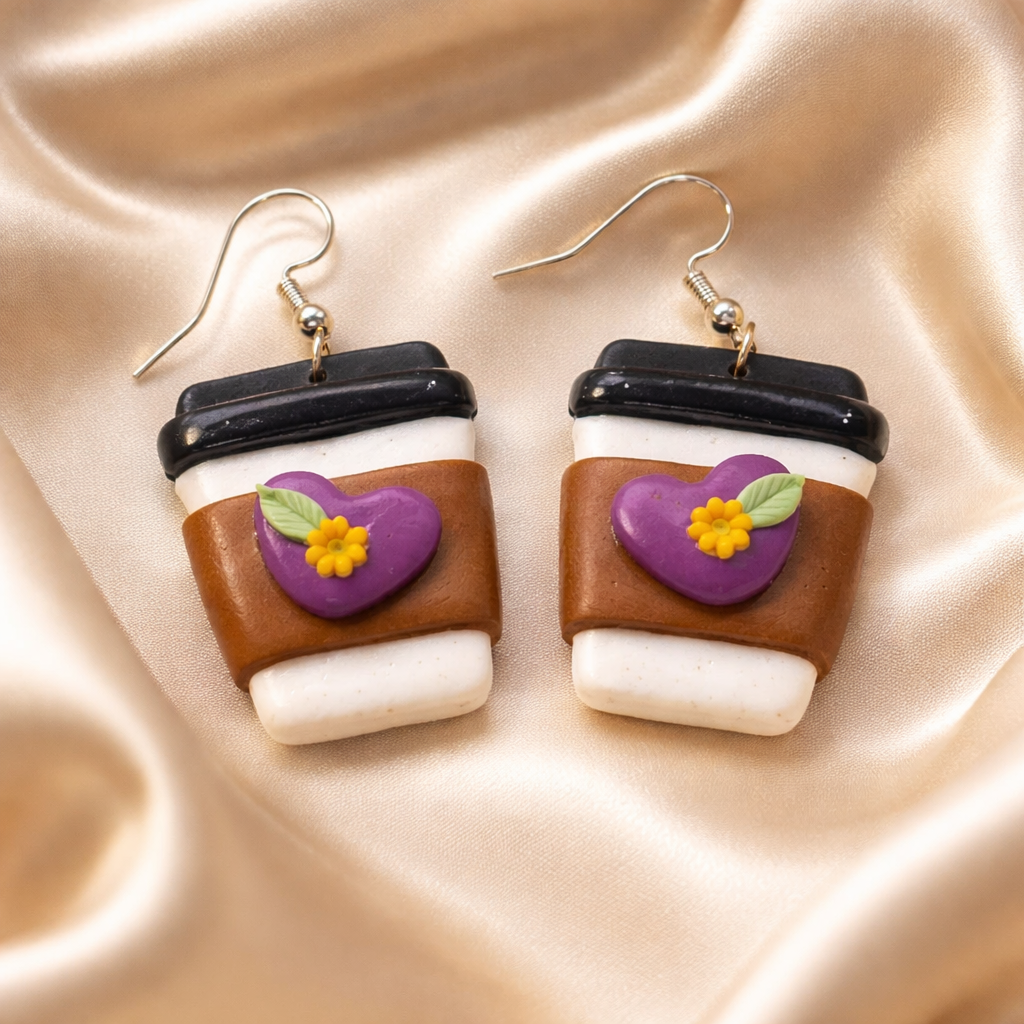 Polymer clay coffee cup earrings with purple heart and yellow flower