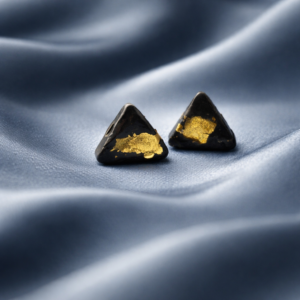 Black triangle stud earrings with gold flakes on soft blue fabric