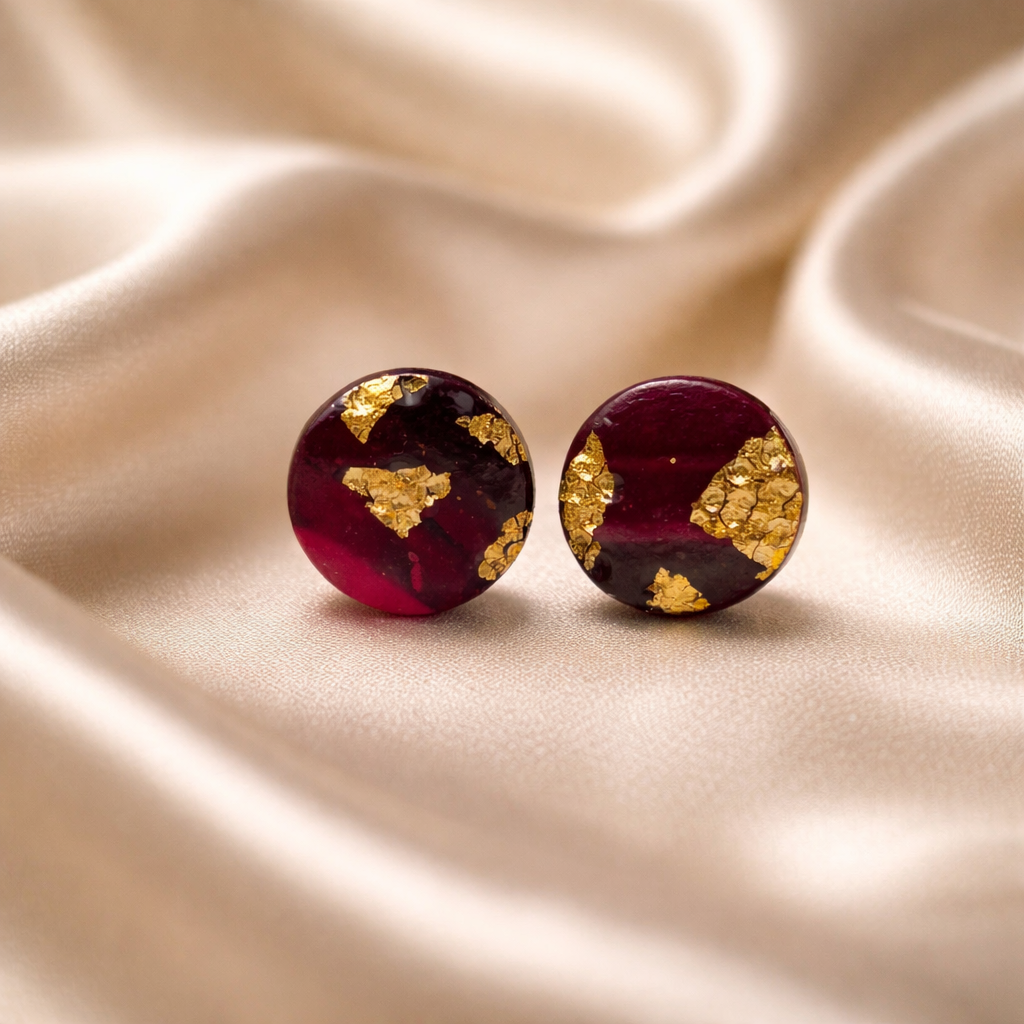 Burgundy marbled round stud earrings with gold foil accents