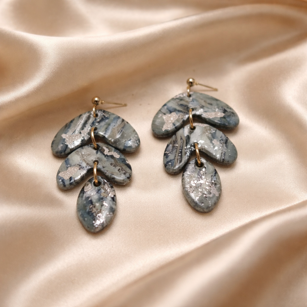 Marbled blue gray leaf tiered dangle earrings with silver flecks