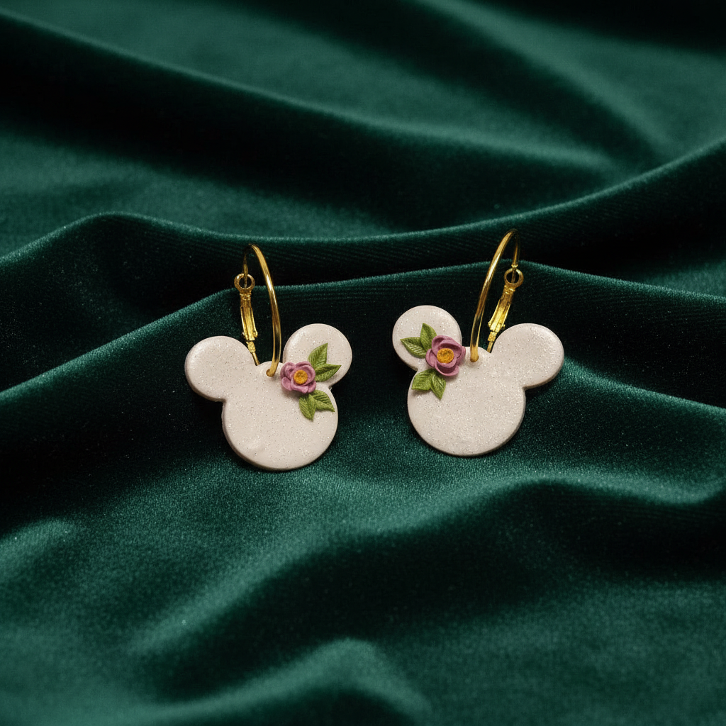 White sparkle Mickey Mouse dangle earrings with small purple flower detail