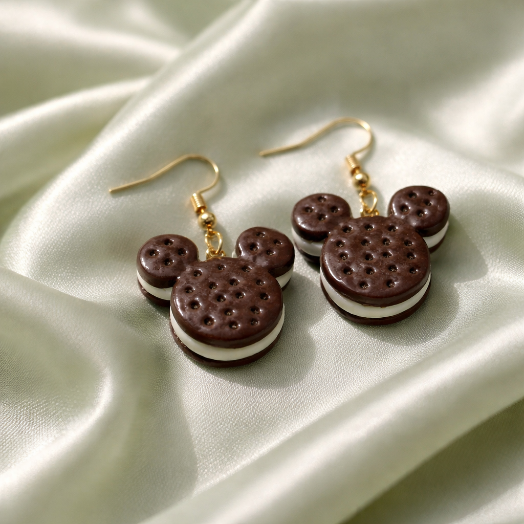 Mickey Mouse shaped chocolate ice cream sandwich dangling earrings with gold hooks