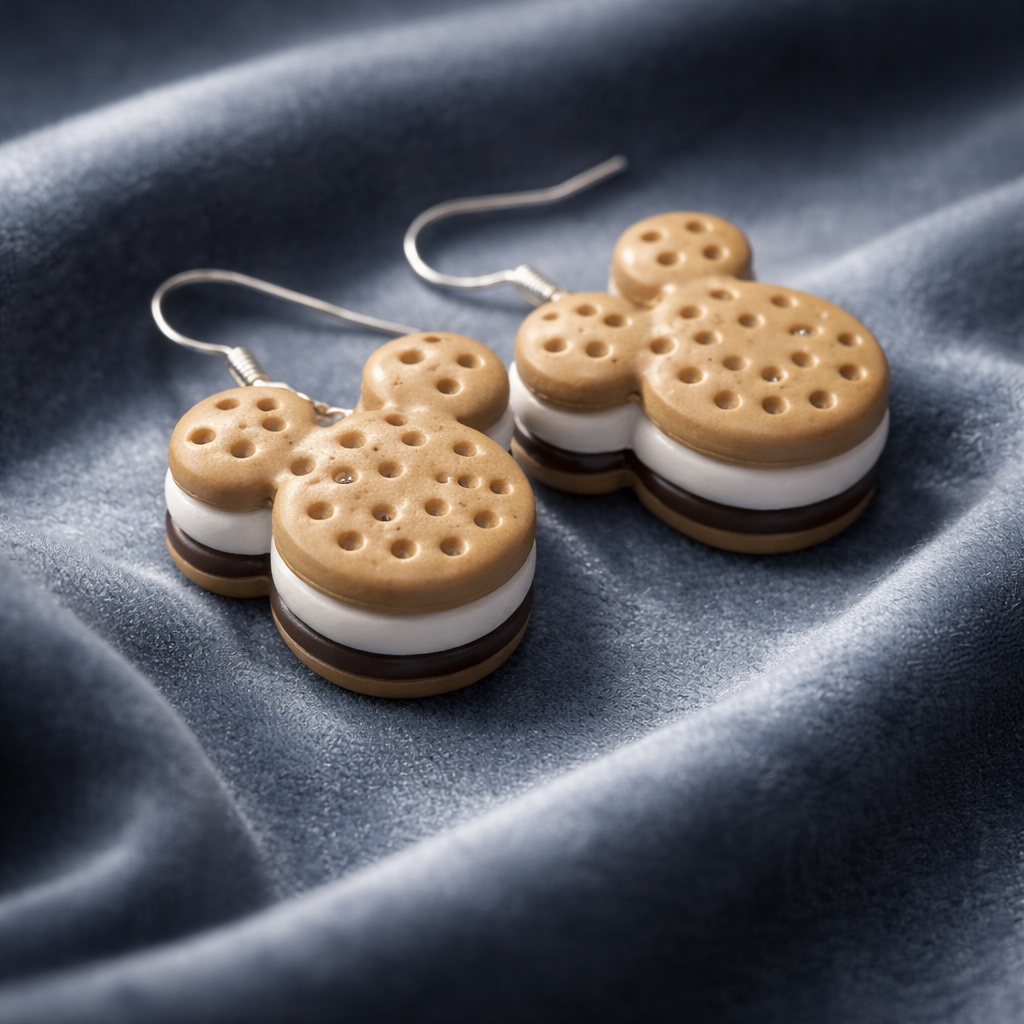 Mickey Mouse s'mores dangle earrings with graham, marshmallow, and chocolate layers