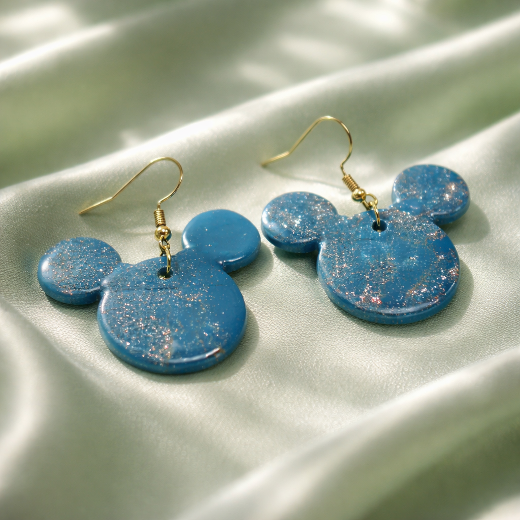 Glitter teal Mickey Mouse silhouette dangle earrings with gold hooks