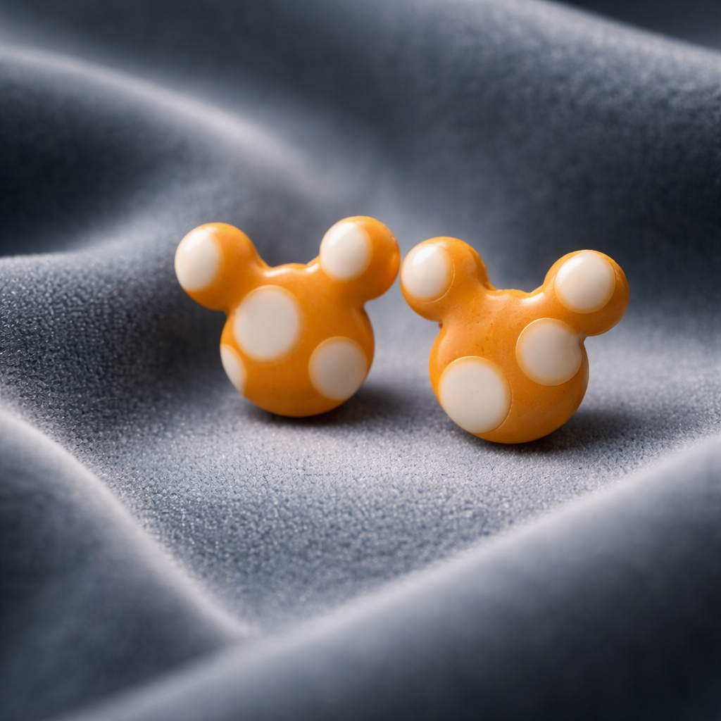 Orange Mickey Mouse silhouette stud earrings with white polka dots
