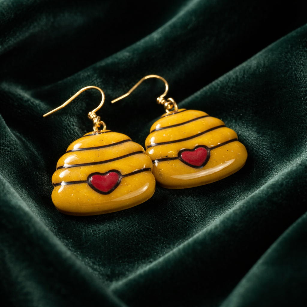 Yellow beehive dangle earrings with red heart detail and gold hooks