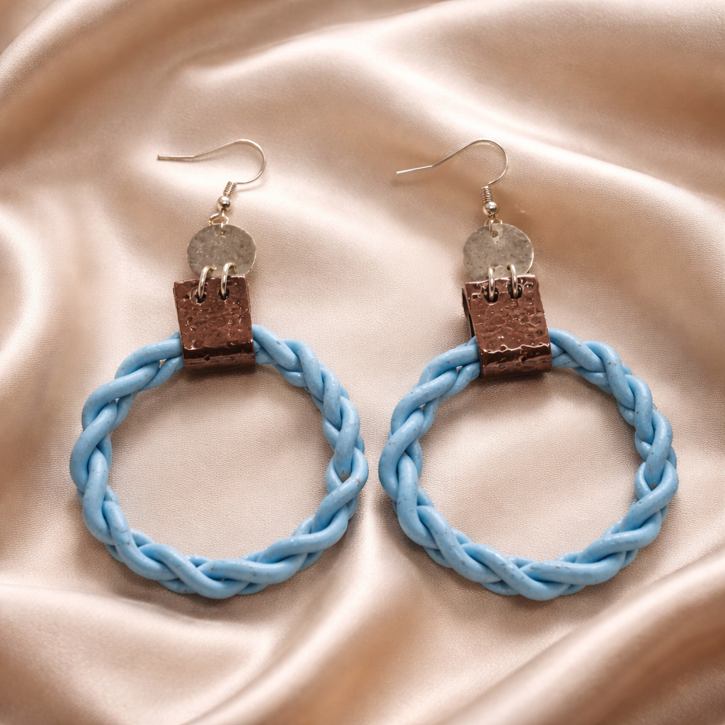 Sky blue braided hoop earrings with hammered brown top and hooks