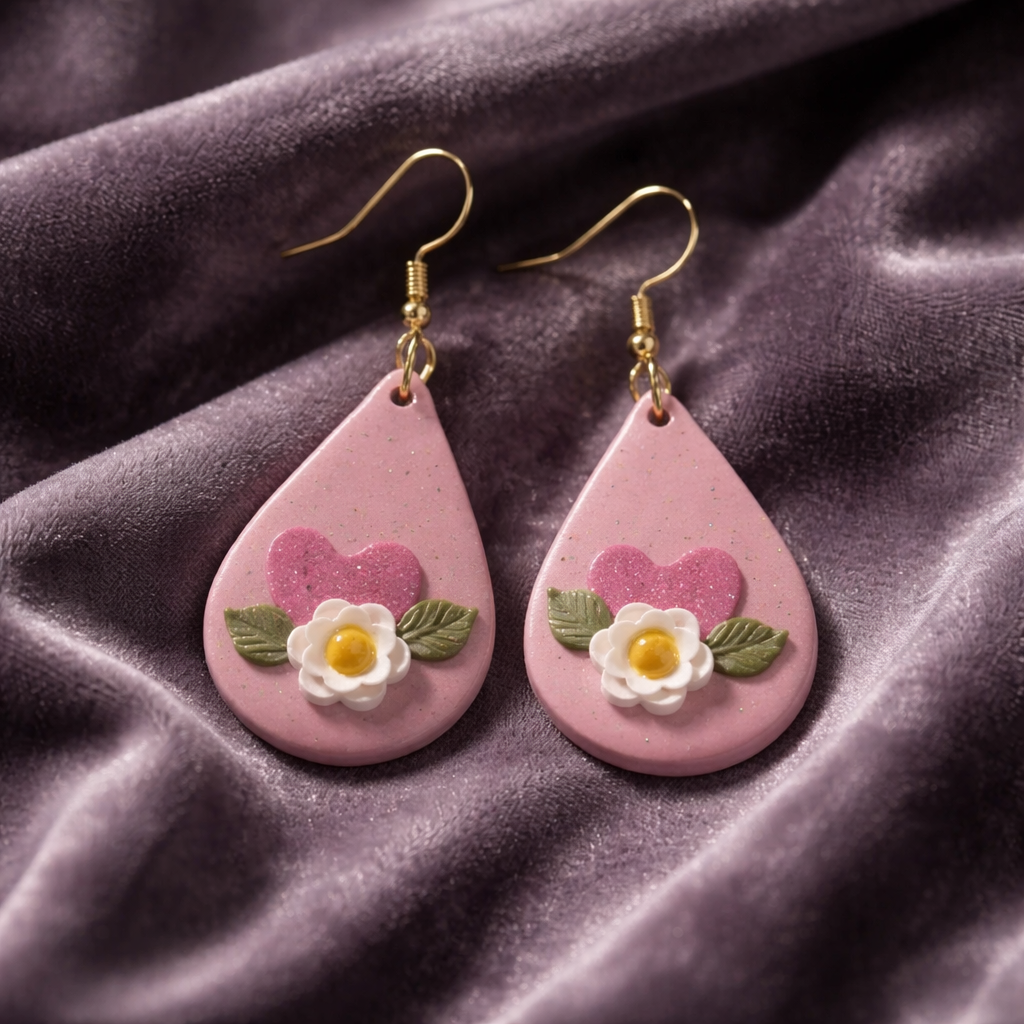 Pink teardrop earrings with raised heart, white flower, and green leaves