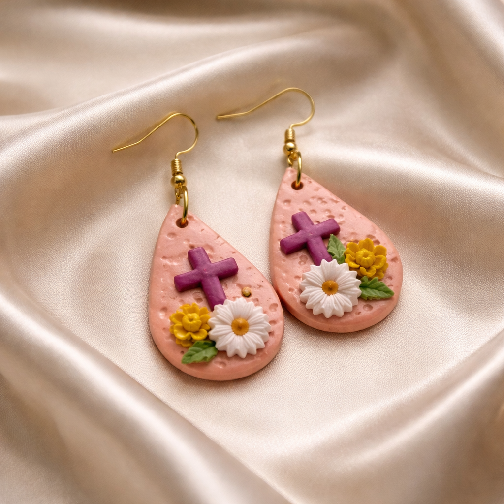 Pink teardrop earrings with purple cross and white yellow flowers
