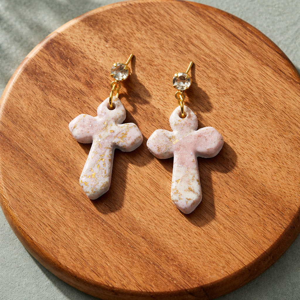 Pink marble cross dangle earrings with gold flecks and crystal studs