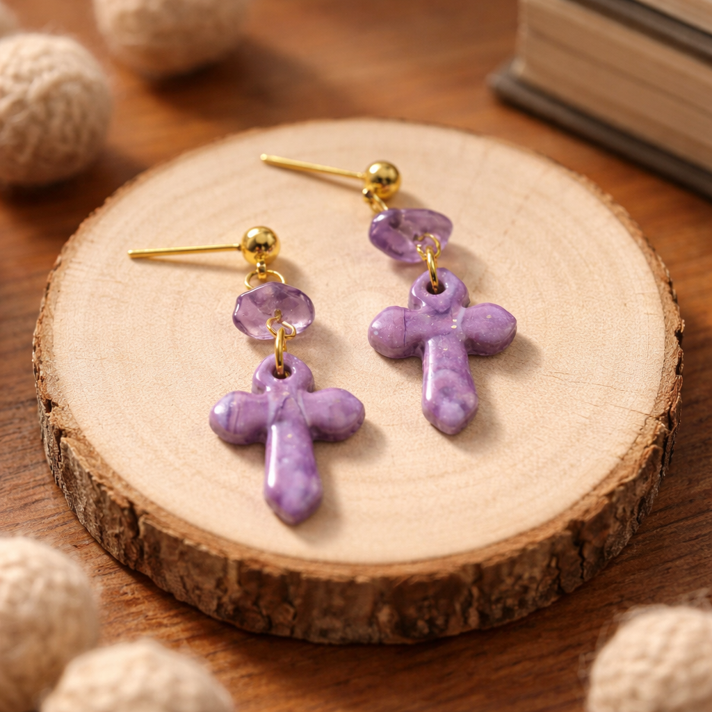 Purple marble cross dangle earrings with gold studs on wood slice