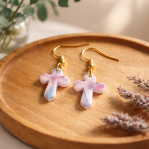 Pastel pink purple blue cross dangle earrings with gold hooks
