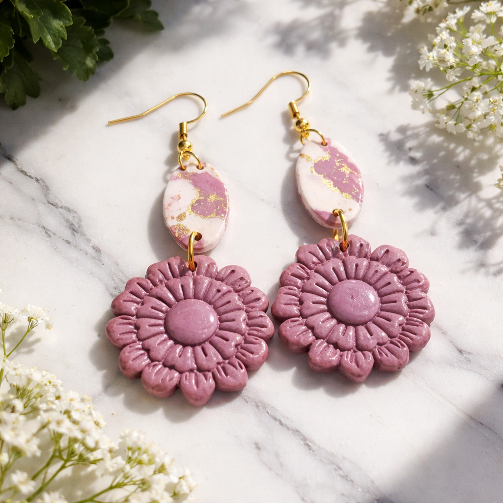 Pink daisy dangle earrings with marbled oval and gold flecks