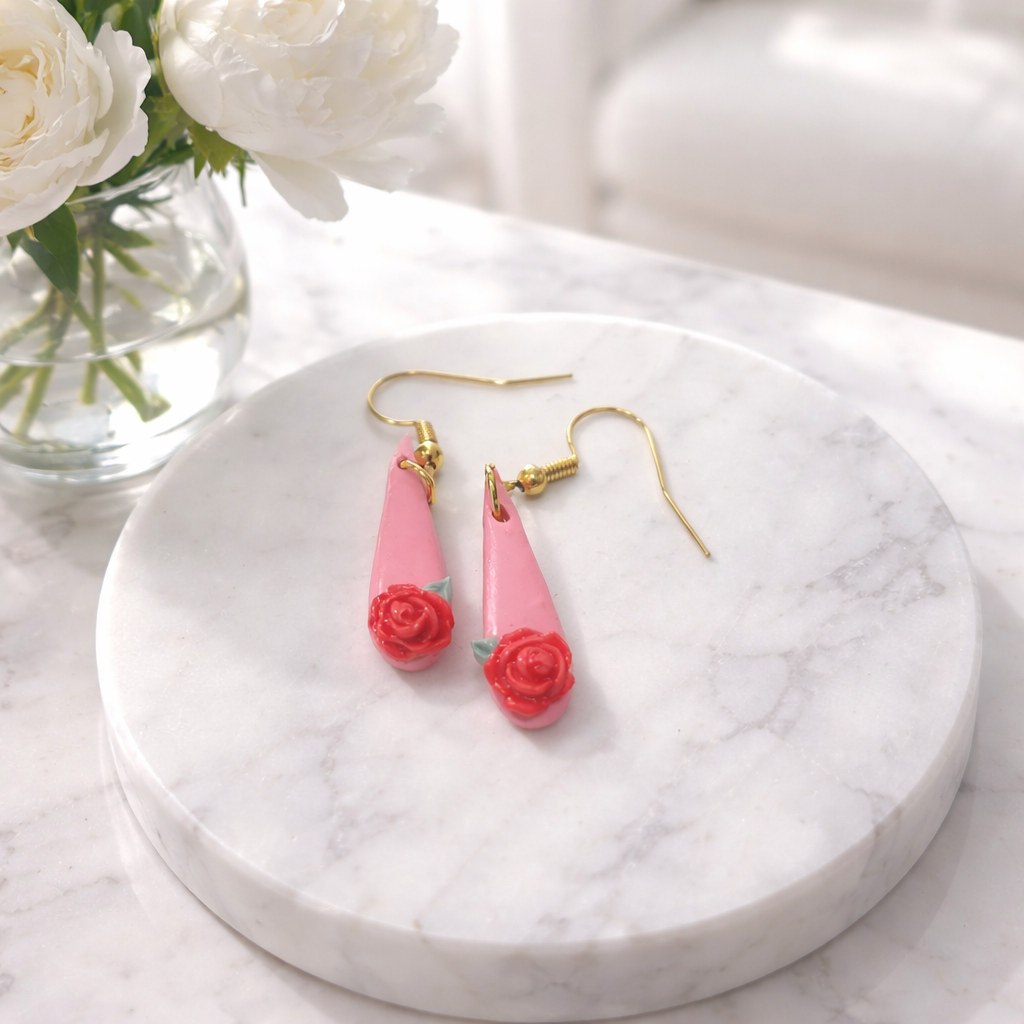 Pink cone drop earrings with red rose details and gold hooks
