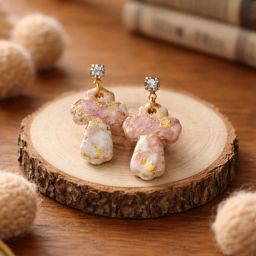 Pink and white marble cross dangle earrings with gold flecks