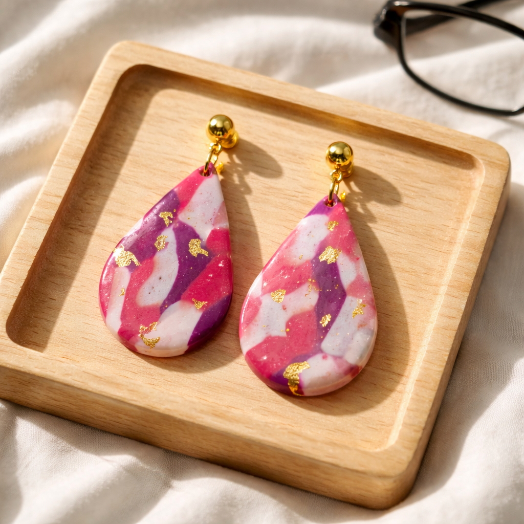 Pink, purple, and white teardrop dangle earrings with gold flecks