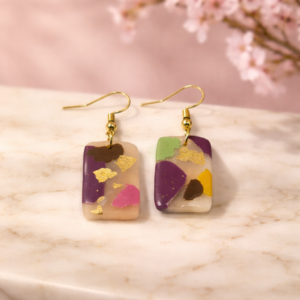 Rectangle terrazzo dangle earrings with purple, pink, mustard, and gold flecks