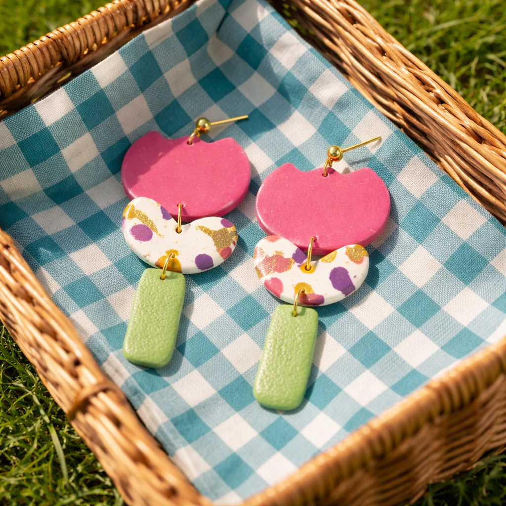 Pink tulip dangle earrings with speckled half moon and green rectangle