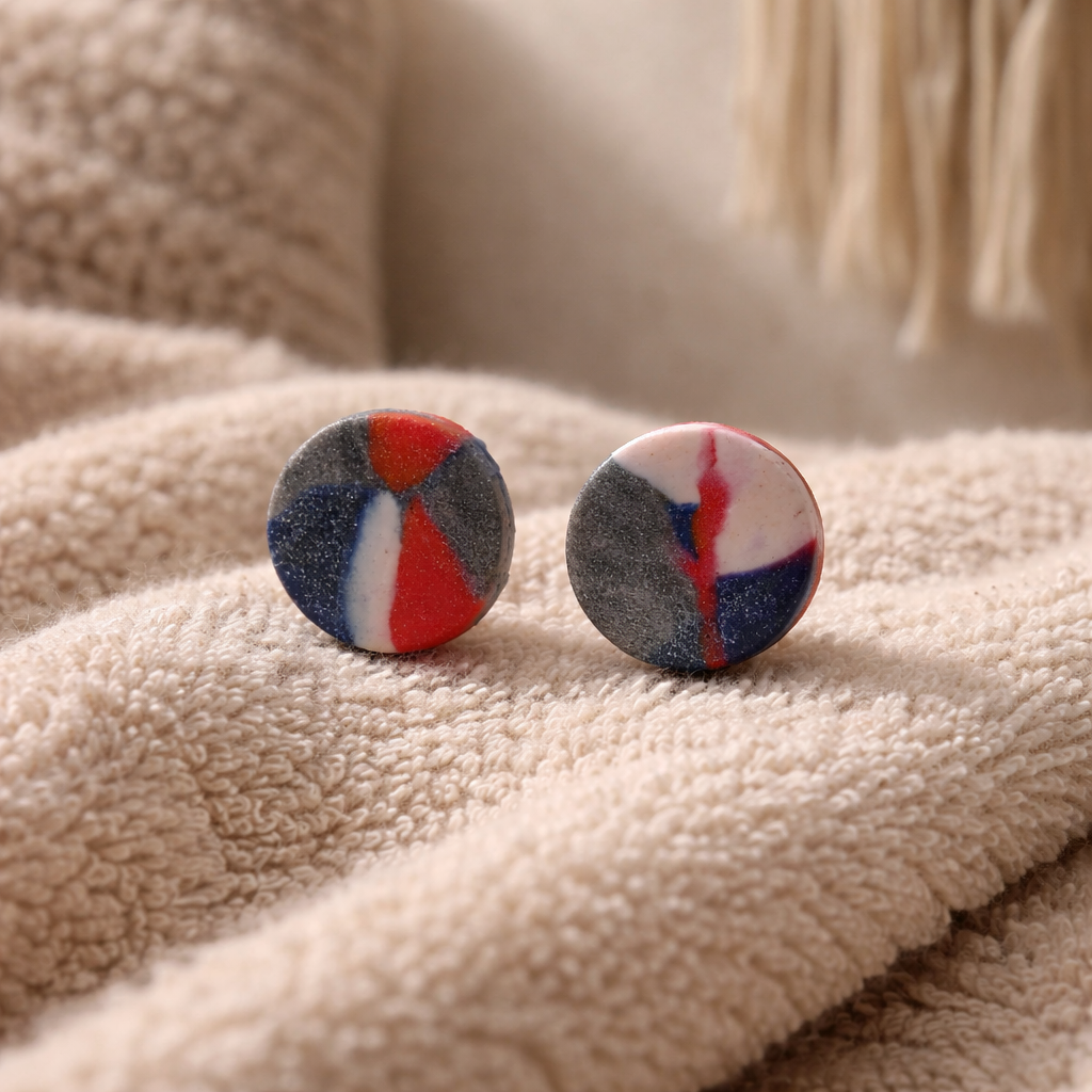 Round red, white, and blue marbled swirl stud earrings