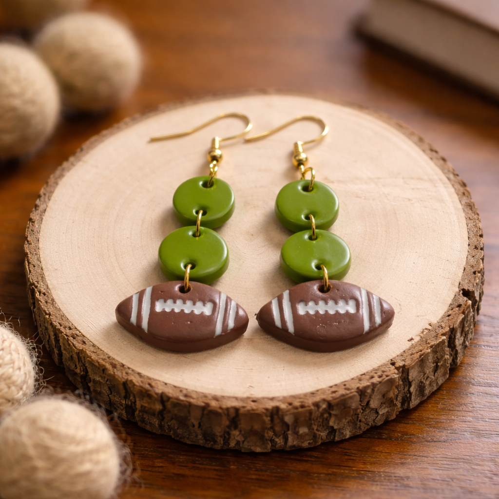 Olive green dangle earrings with brown football charms and gold hooks