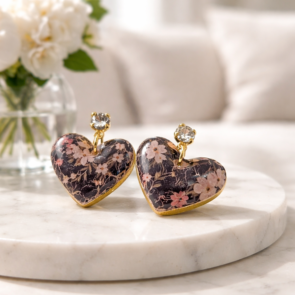 Floral heart dangle earrings with pink blossoms and crystal stud tops