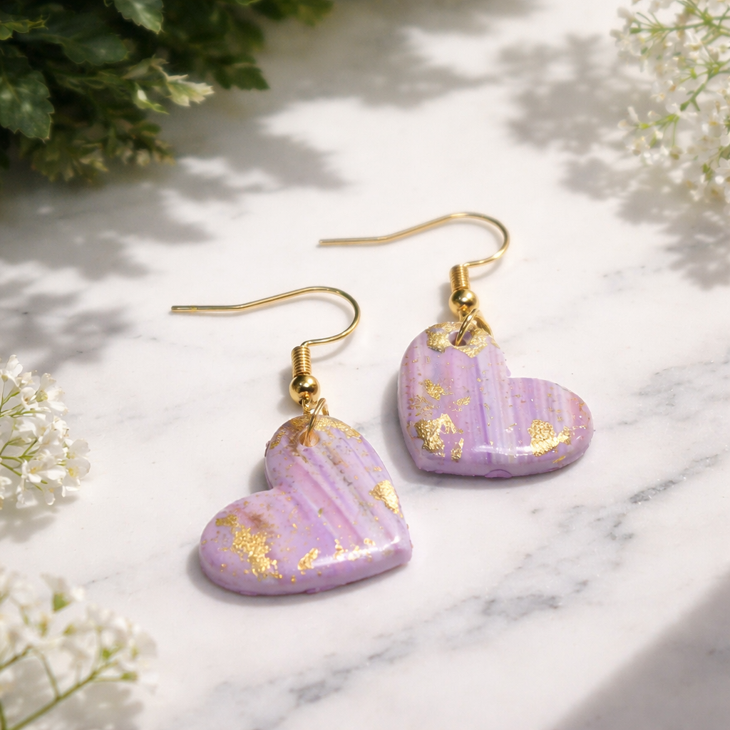 Lilac marbled heart dangle earrings with scattered gold flakes