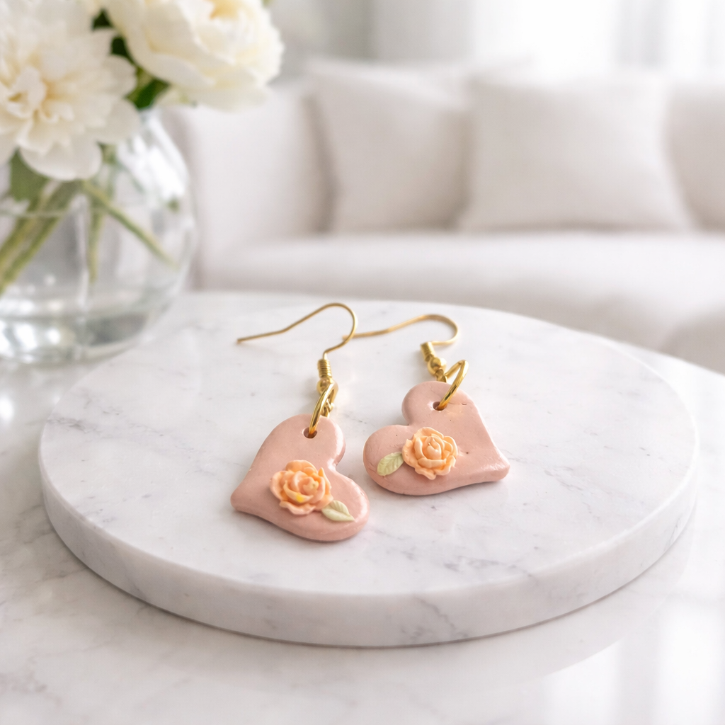 Blush pink heart dangle earrings with tiny peach rose accents