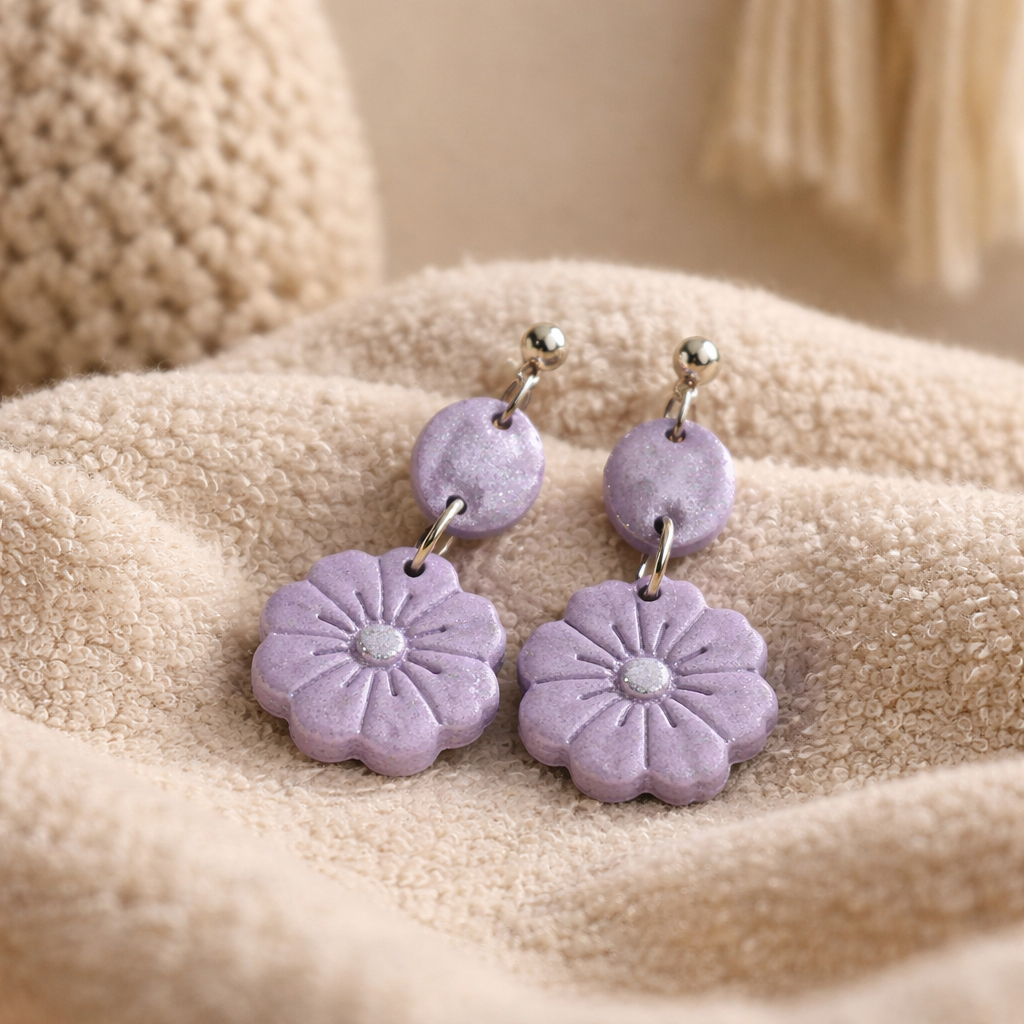 Lavender glitter daisy dangle earrings with round top and sparkle center