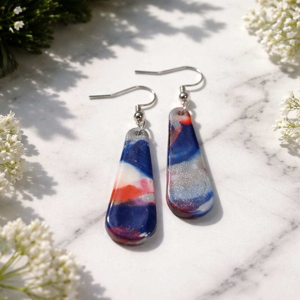 Red, white, and blue swirl teardrop dangle earrings on hooks