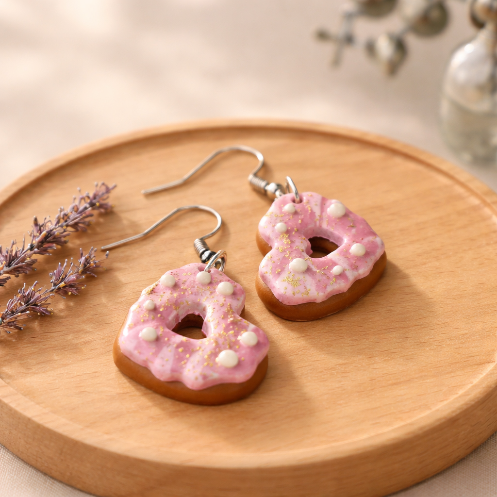 Pink frosted number 8 donut dangle earrings with white dots and gold flecks
