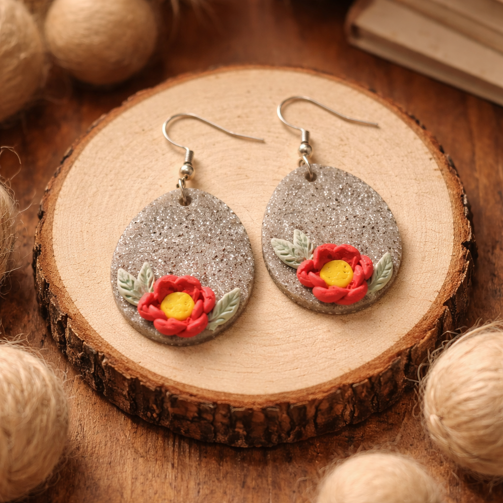 Speckled taupe oval dangle earrings with red flower and green leaves